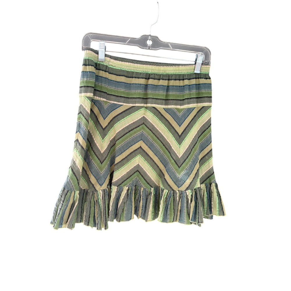 Avatar Green Chevron Striped Boho Mini Skirt Ruffle Hem Elastic‎ Waist Womens S